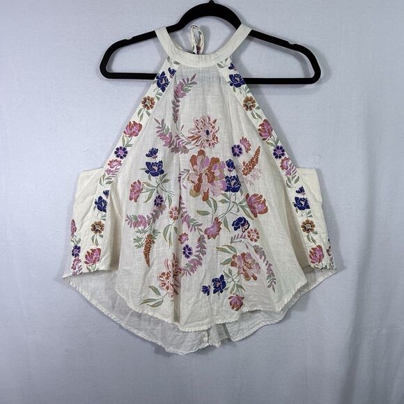 Free People Emily Ivory Floral Print Halter Tie-Back Tank Top Size L Boho Preppy - Picture 1 of 15